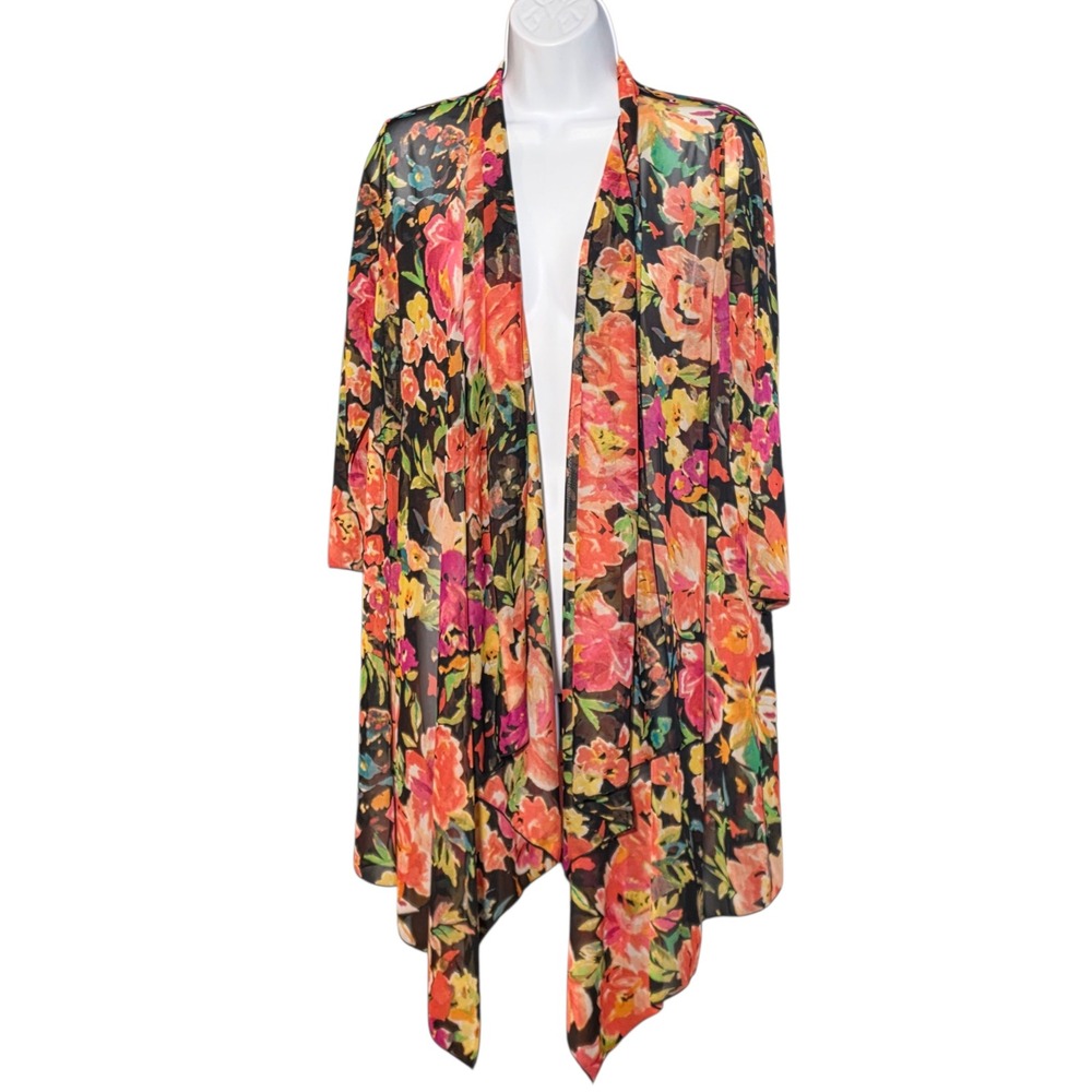 Susan Graver Womens Floral Mesh‎ Open Front Draped Cardigan Black Orange Size S